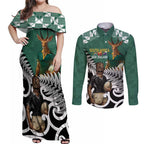 New Zealand South Africa Rugby Custom Couples Matching Off Shoulder Maxi Dress and Long Sleeve Button Shirt Springboks Kente All Black Maori Together - Aussie Hoodie