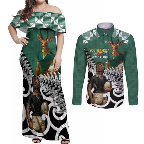 New Zealand South Africa Rugby Custom Couples Matching Off Shoulder Maxi Dress and Long Sleeve Button Shirt Springboks Kente All Black Maori Together - Aussie Hoodie