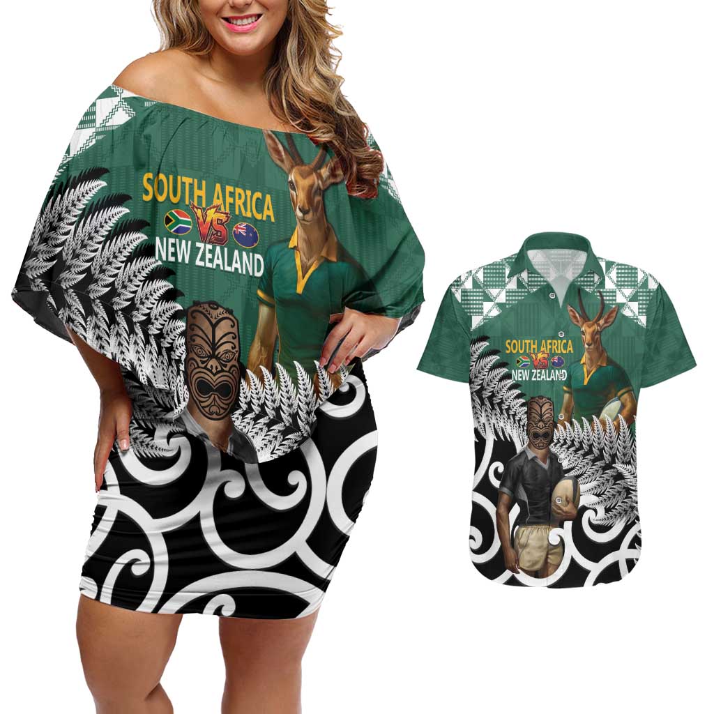 New Zealand South Africa Rugby Custom Couples Matching Off Shoulder Short Dress and Hawaiian Shirt Springboks Kente All Black Maori Together - Aussie Hoodie
