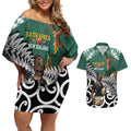 New Zealand South Africa Rugby Custom Couples Matching Off Shoulder Short Dress and Hawaiian Shirt Springboks Kente All Black Maori Together - Aussie Hoodie