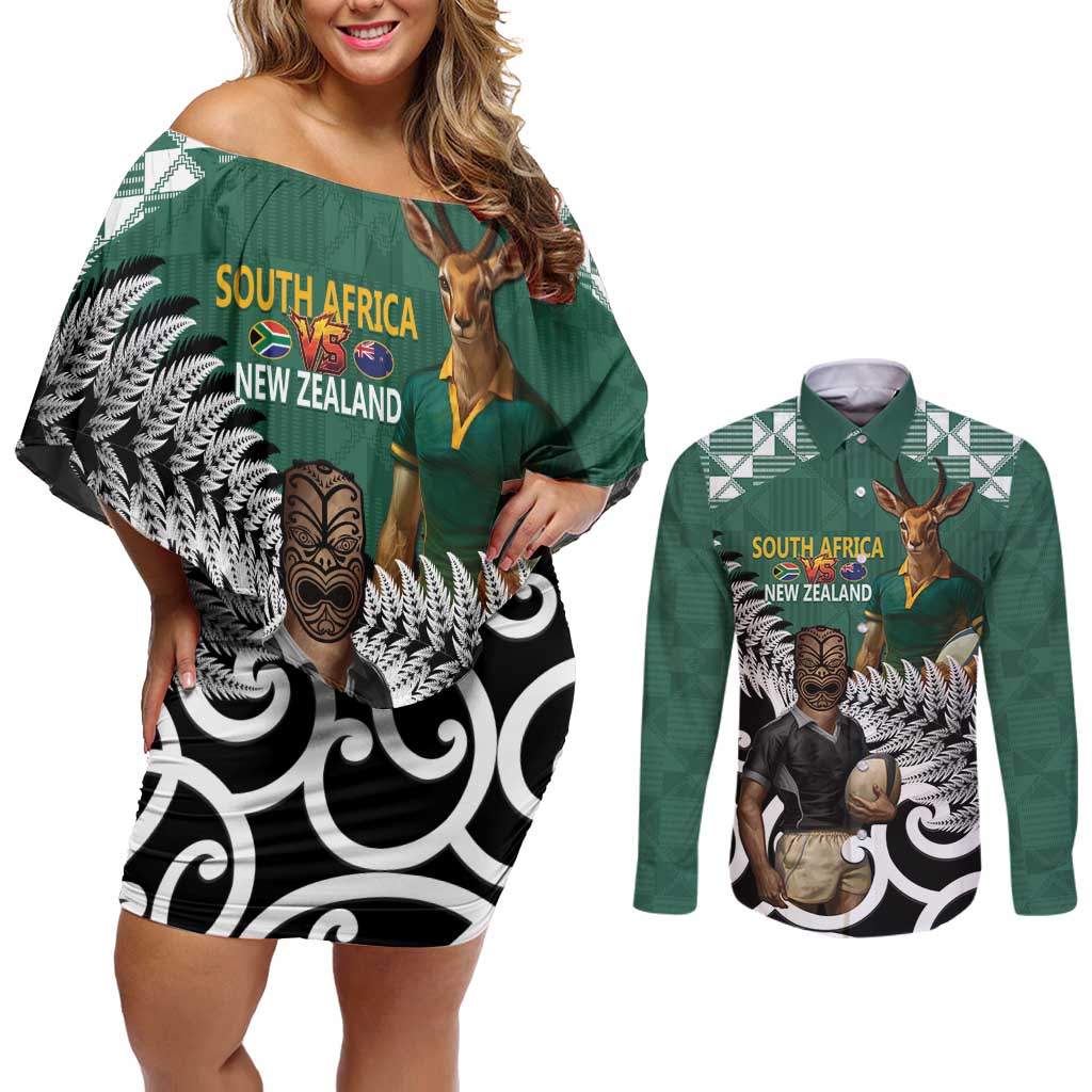 New Zealand South Africa Rugby Custom Couples Matching Off Shoulder Short Dress and Long Sleeve Button Shirt Springboks Kente All Black Maori Together - Aussie Hoodie