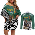 New Zealand South Africa Rugby Custom Couples Matching Off Shoulder Short Dress and Long Sleeve Button Shirt Springboks Kente All Black Maori Together - Aussie Hoodie