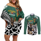 New Zealand South Africa Rugby Custom Couples Matching Off Shoulder Short Dress and Long Sleeve Button Shirt Springboks Kente All Black Maori Together - Aussie Hoodie