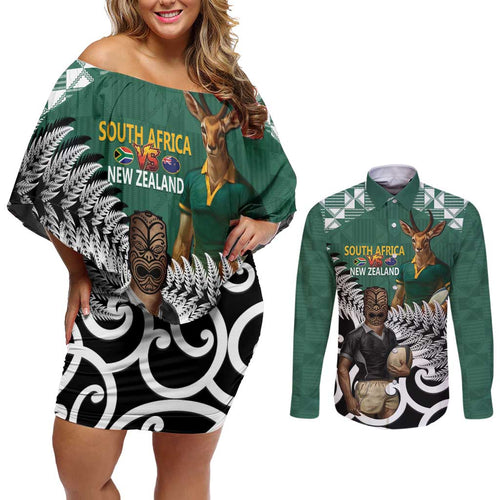 New Zealand South Africa Rugby Custom Couples Matching Off Shoulder Short Dress and Long Sleeve Button Shirt Springboks Kente All Black Maori Together - Aussie Hoodie