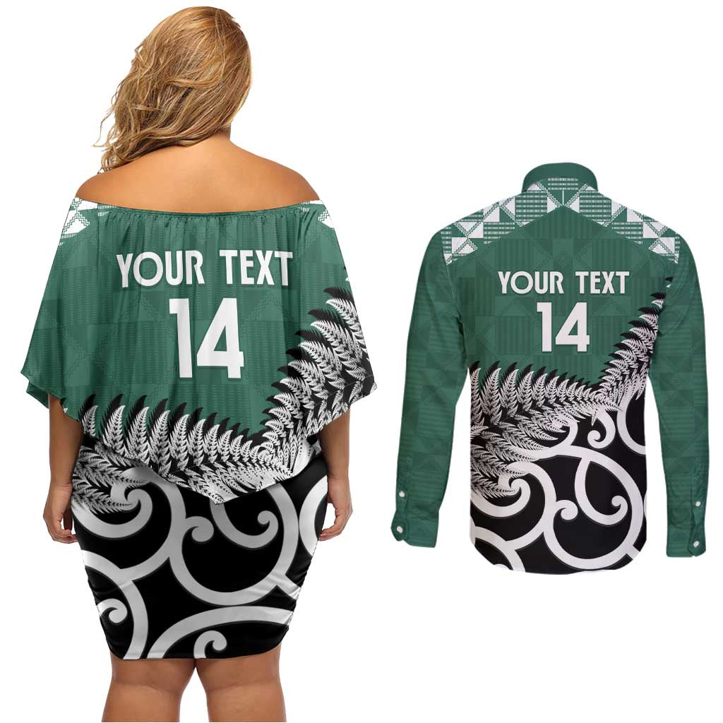 New Zealand South Africa Rugby Custom Couples Matching Off Shoulder Short Dress and Long Sleeve Button Shirt Springboks Kente All Black Maori Together - Aussie Hoodie