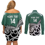 New Zealand South Africa Rugby Custom Couples Matching Off Shoulder Short Dress and Long Sleeve Button Shirt Springboks Kente All Black Maori Together - Aussie Hoodie