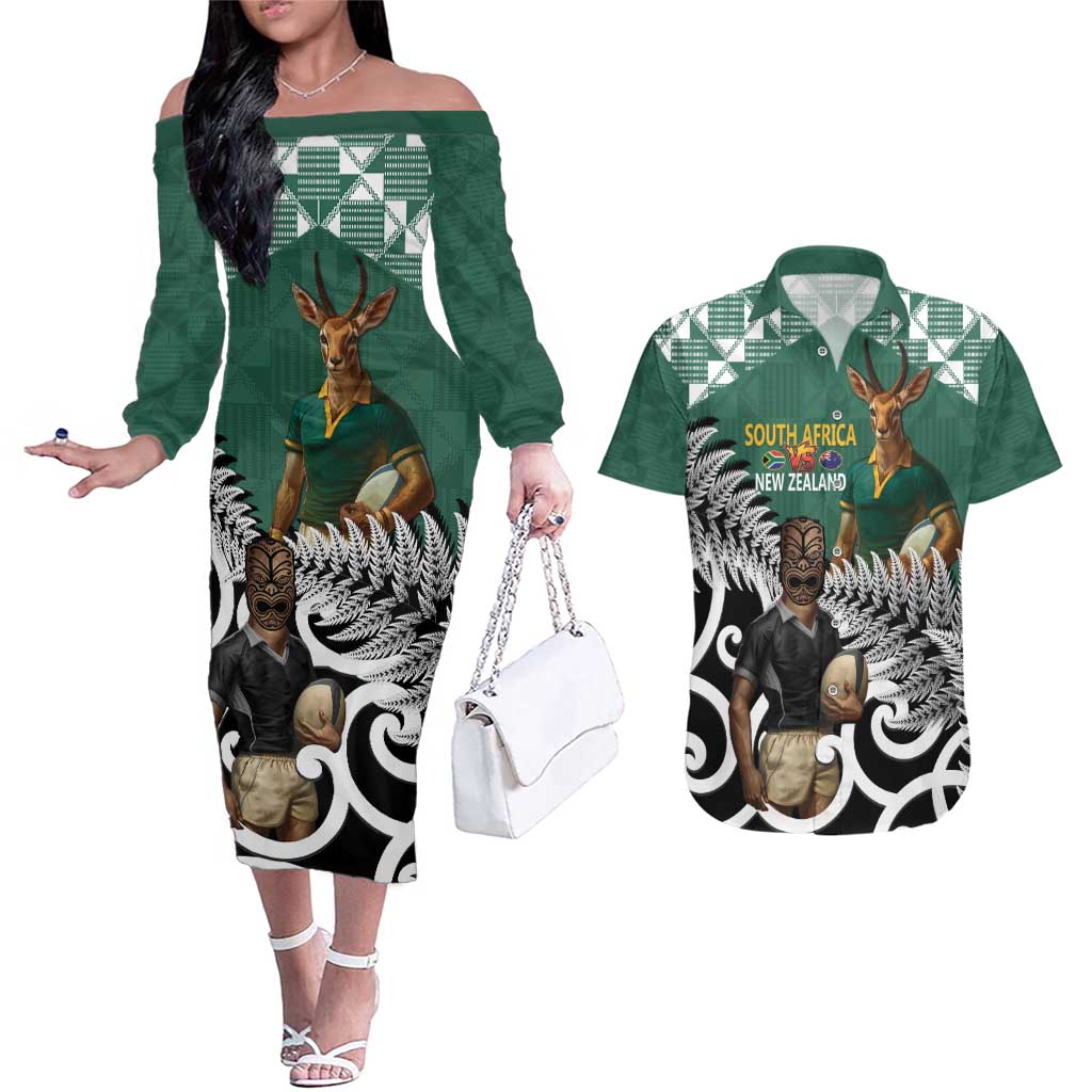 New Zealand South Africa Rugby Custom Couples Matching Off The Shoulder Long Sleeve Dress and Hawaiian Shirt Springboks Kente All Black Maori Together - Aussie Hoodie