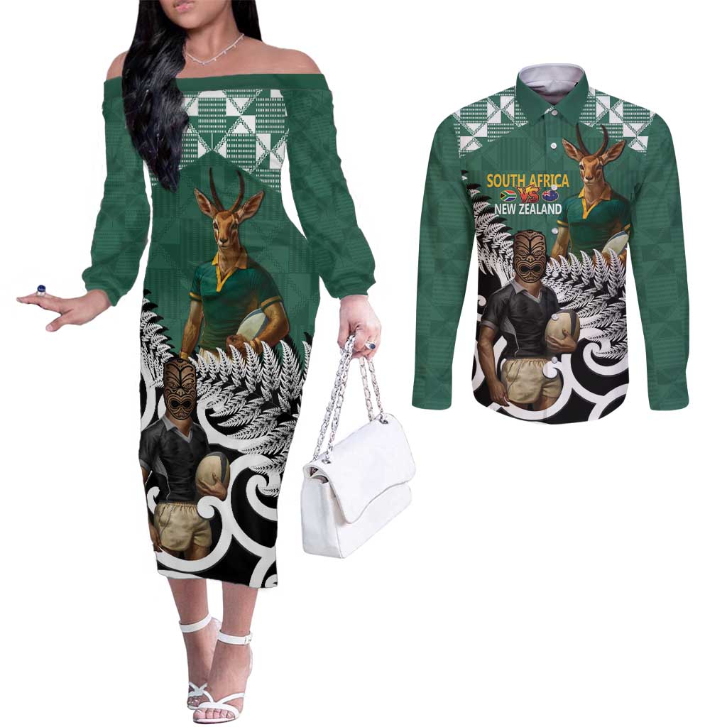New Zealand South Africa Rugby Custom Couples Matching Off The Shoulder Long Sleeve Dress and Long Sleeve Button Shirt Springboks Kente All Black Maori Together - Aussie Hoodie