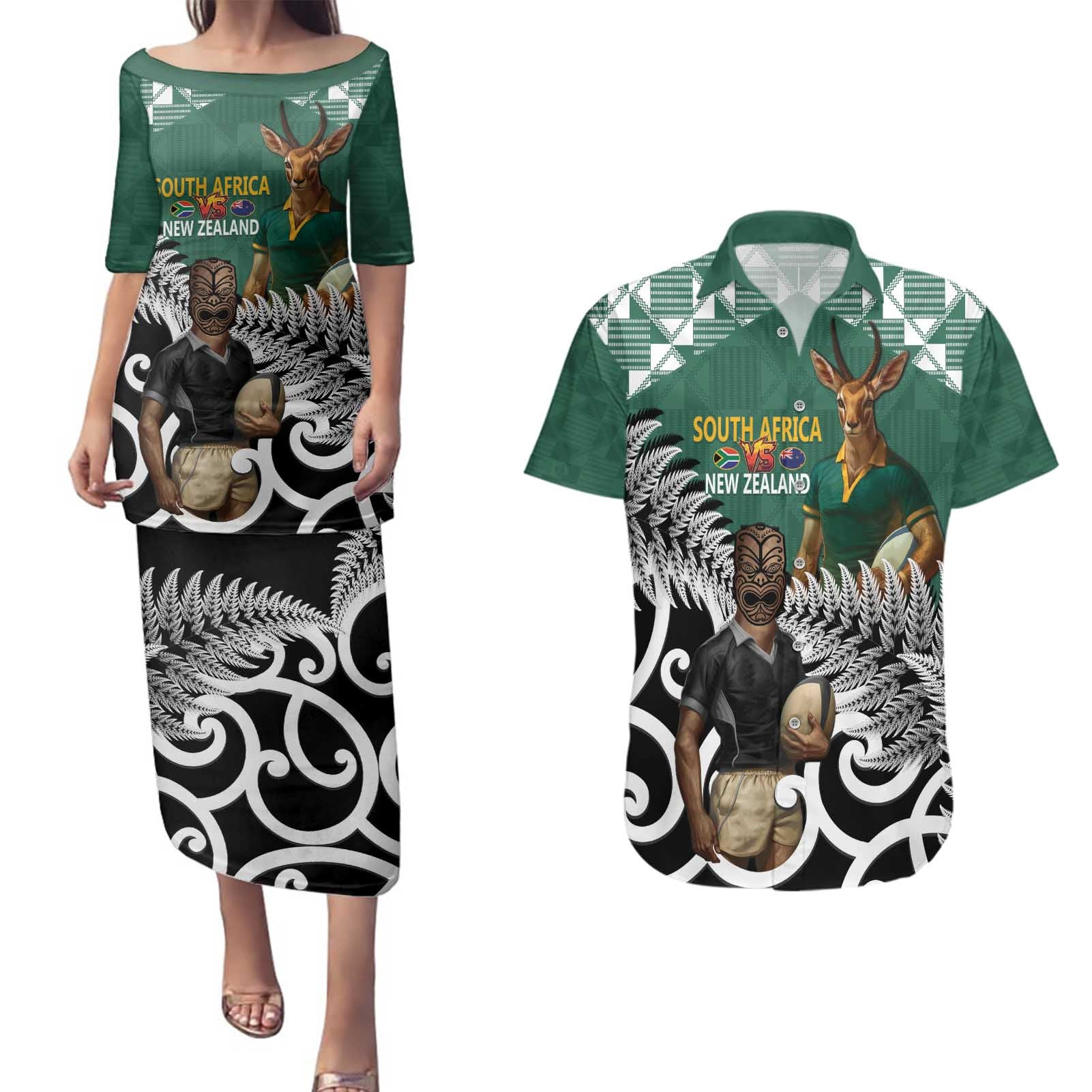 New Zealand South Africa Rugby Custom Couples Matching Puletasi and Hawaiian Shirt Springboks Kente All Black Maori Together - Aussie Hoodie