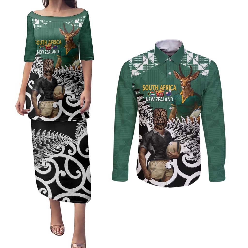 New Zealand South Africa Rugby Custom Couples Matching Puletasi and Long Sleeve Button Shirt Springboks Kente All Black Maori Together - Aussie Hoodie