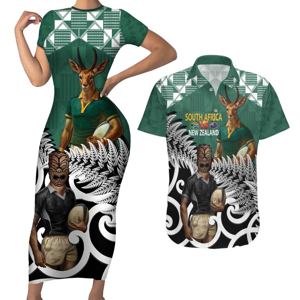 New Zealand South Africa Rugby Custom Couples Matching Short Sleeve Bodycon Dress and Hawaiian Shirt Springboks Kente All Black Maori Together - Aussie Hoodie