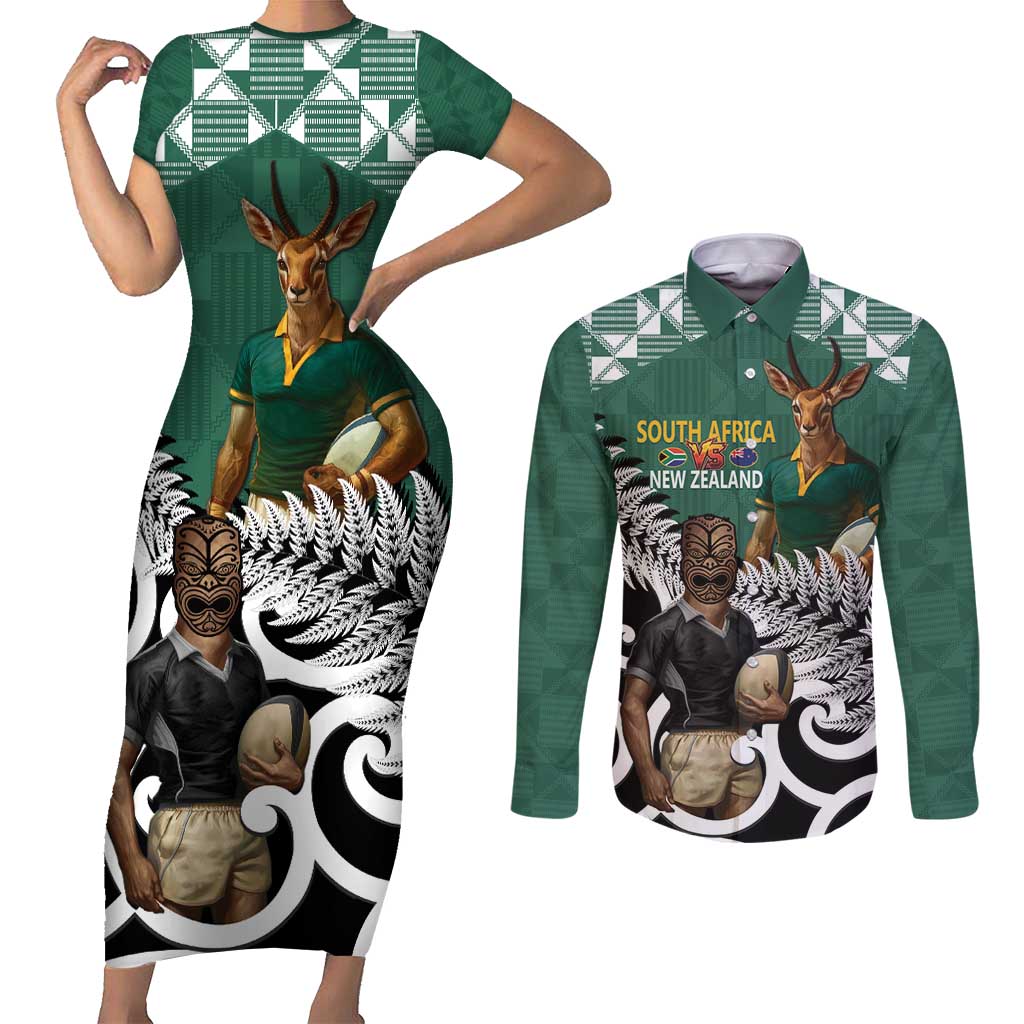 New Zealand South Africa Rugby Custom Couples Matching Short Sleeve Bodycon Dress and Long Sleeve Button Shirt Springboks Kente All Black Maori Together - Aussie Hoodie