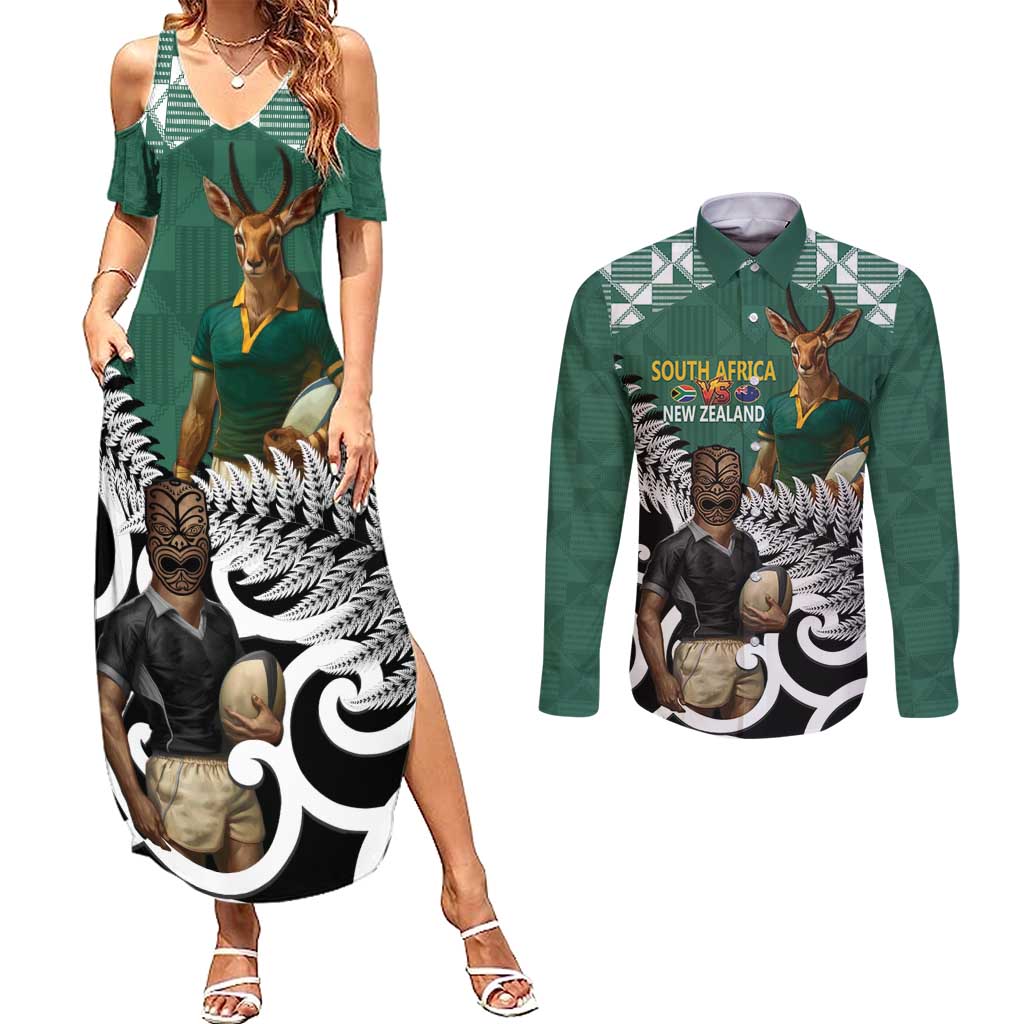 New Zealand South Africa Rugby Custom Couples Matching Summer Maxi Dress and Long Sleeve Button Shirt Springboks Kente All Black Maori Together - Aussie Hoodie