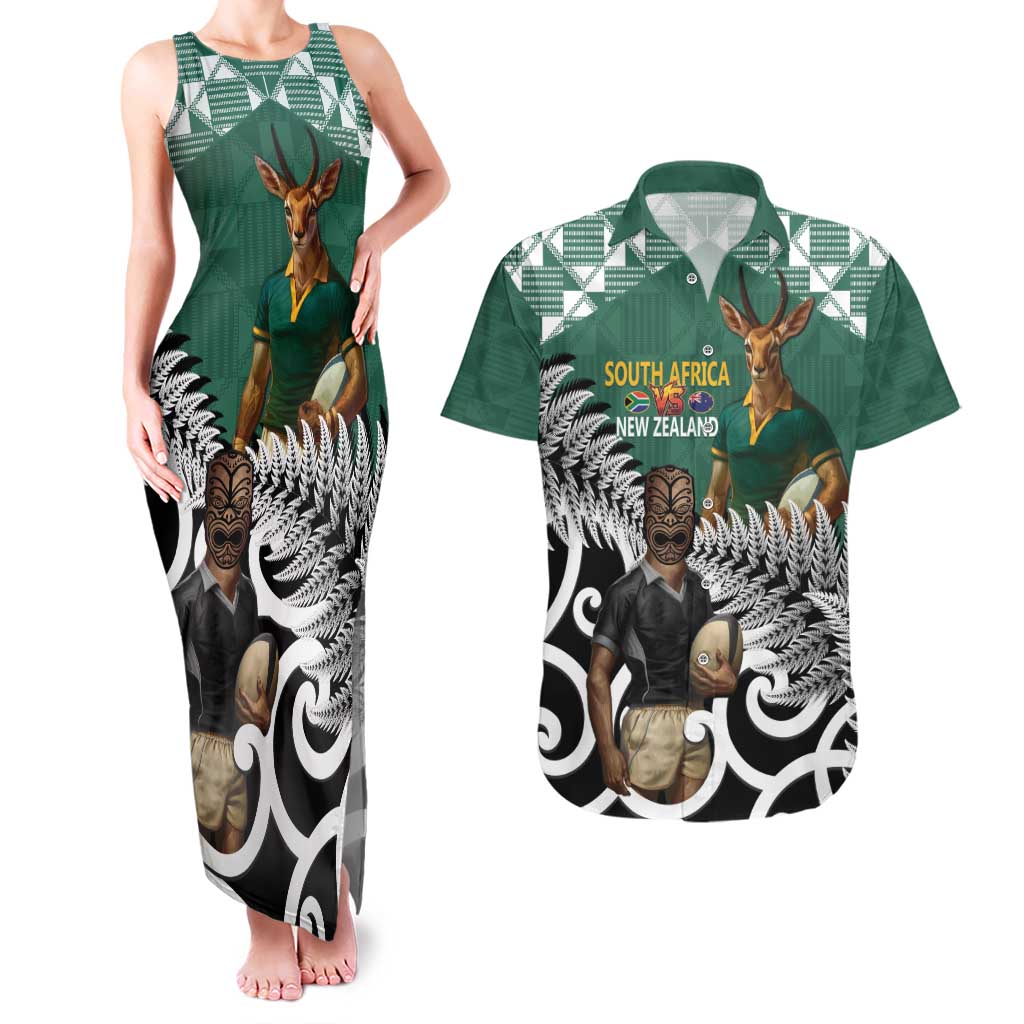 New Zealand South Africa Rugby Custom Couples Matching Tank Maxi Dress and Hawaiian Shirt Springboks Kente All Black Maori Together - Aussie Hoodie
