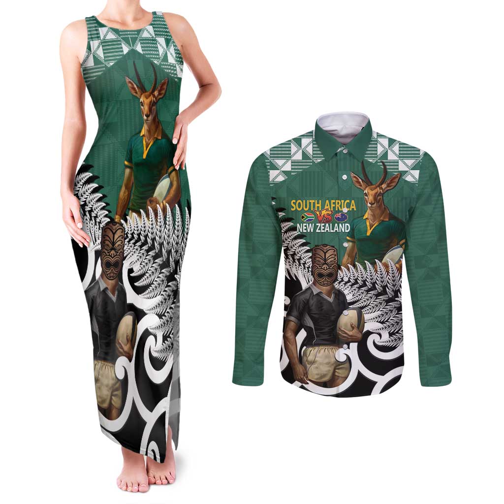 New Zealand South Africa Rugby Custom Couples Matching Tank Maxi Dress and Long Sleeve Button Shirt Springboks Kente All Black Maori Together - Aussie Hoodie