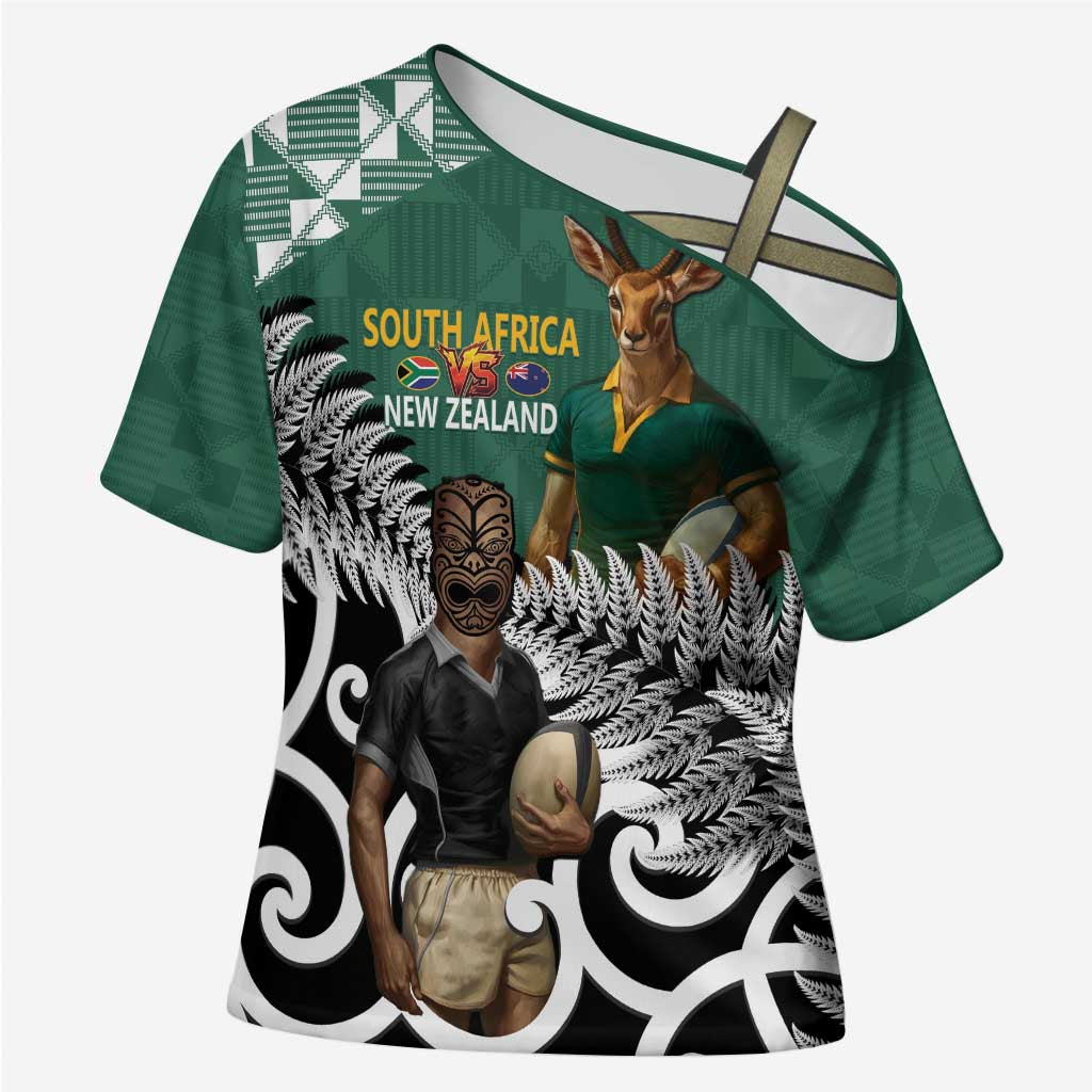 New Zealand South Africa Rugby Custom Cross Shoulder Shirt Springboks Kente All Black Maori Together - Aussie Hoodie