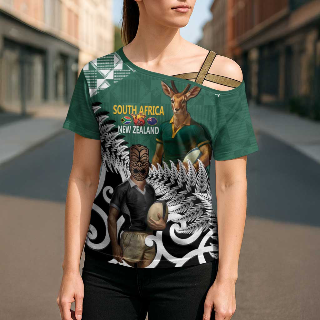 New Zealand South Africa Rugby Custom Cross Shoulder Shirt Springboks Kente All Black Maori Together - Aussie Hoodie