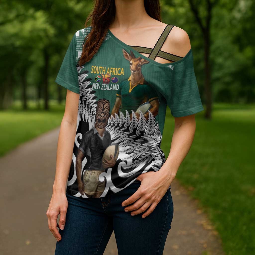 New Zealand South Africa Rugby Custom Cross Shoulder Shirt Springboks Kente All Black Maori Together - Aussie Hoodie
