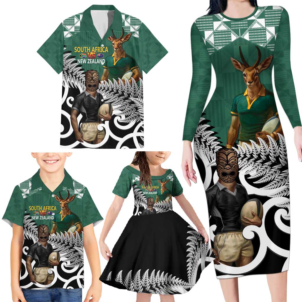 New Zealand South Africa Rugby Custom Family Matching Long Sleeve Bodycon Dress and Hawaiian Shirt Springboks Kente All Black Maori Together - Aussie Hoodie