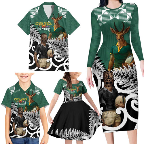 New Zealand South Africa Rugby Custom Family Matching Long Sleeve Bodycon Dress and Hawaiian Shirt Springboks Kente All Black Maori Together - Aussie Hoodie