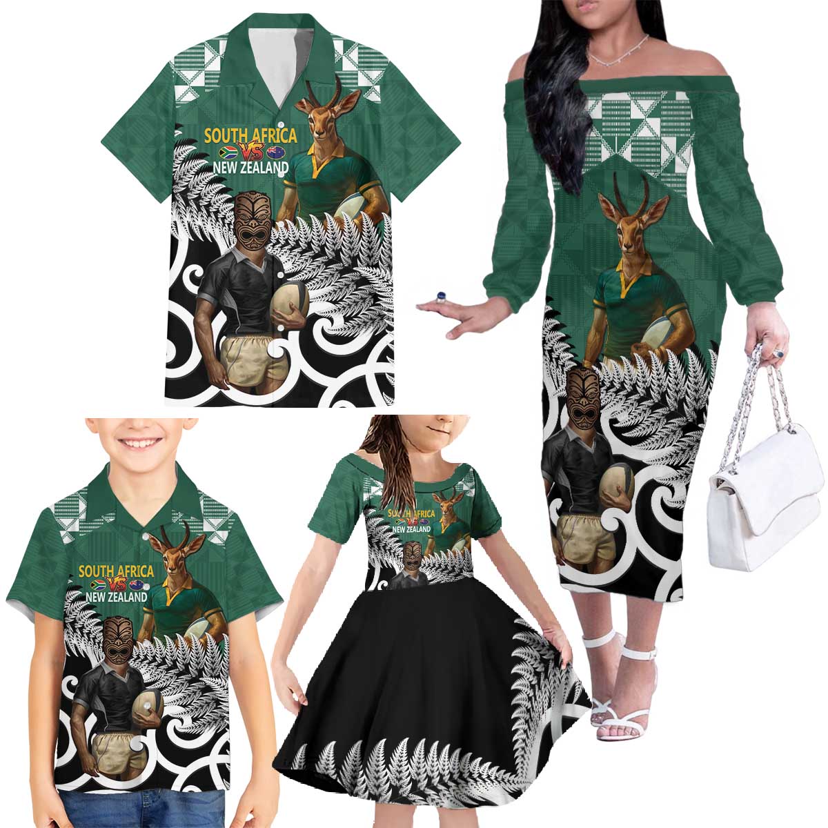 New Zealand South Africa Rugby Custom Family Matching Off The Shoulder Long Sleeve Dress and Hawaiian Shirt Springboks Kente All Black Maori Together - Aussie Hoodie