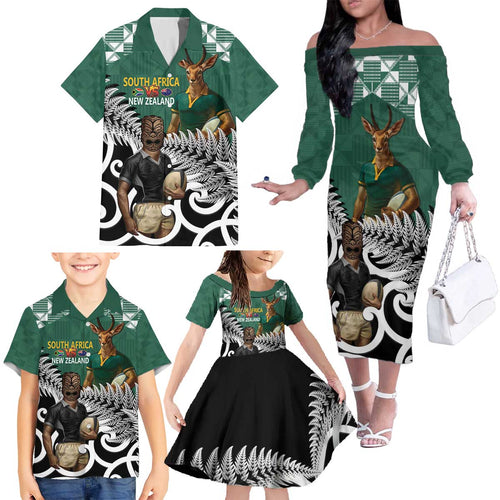 New Zealand South Africa Rugby Custom Family Matching Off The Shoulder Long Sleeve Dress and Hawaiian Shirt Springboks Kente All Black Maori Together - Aussie Hoodie