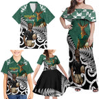 New Zealand South Africa Rugby Custom Family Matching Off Shoulder Maxi Dress and Hawaiian Shirt Springboks Kente All Black Maori Together - Aussie Hoodie