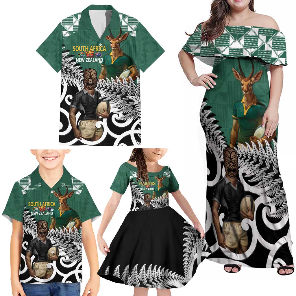 New Zealand South Africa Rugby Custom Family Matching Off Shoulder Maxi Dress and Hawaiian Shirt Springboks Kente All Black Maori Together - Aussie Hoodie
