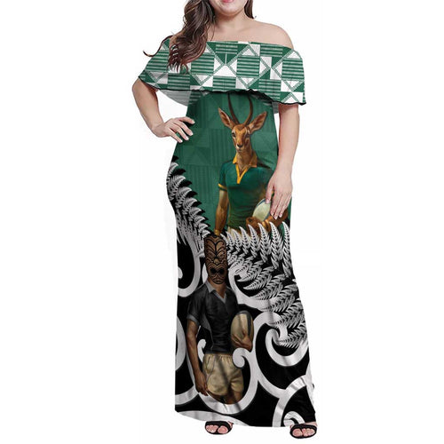 New Zealand South Africa Rugby Custom Family Matching Off Shoulder Maxi Dress and Hawaiian Shirt Springboks Kente All Black Maori Together - Aussie Hoodie