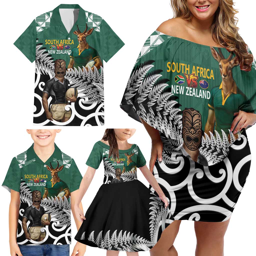 New Zealand South Africa Rugby Custom Family Matching Off Shoulder Short Dress and Hawaiian Shirt Springboks Kente All Black Maori Together - Aussie Hoodie