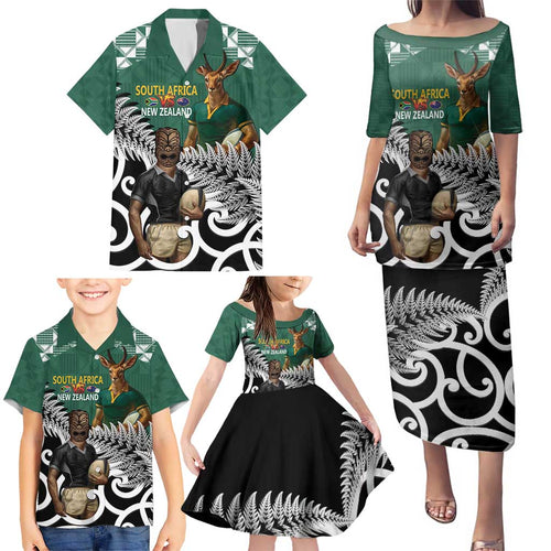 New Zealand South Africa Rugby Custom Family Matching Puletasi and Hawaiian Shirt Springboks Kente All Black Maori Together - Aussie Hoodie