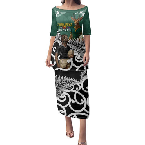 New Zealand South Africa Rugby Custom Family Matching Puletasi and Hawaiian Shirt Springboks Kente All Black Maori Together - Aussie Hoodie