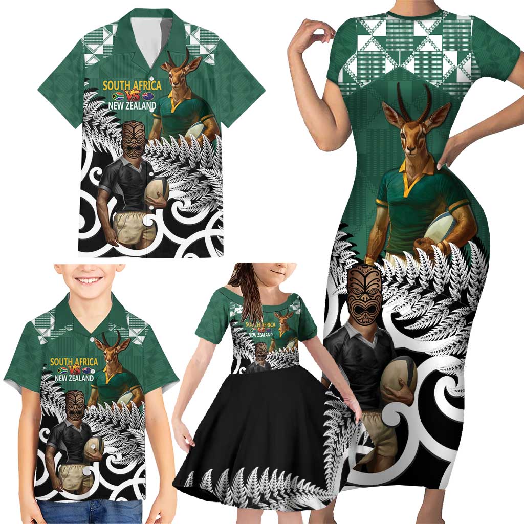 New Zealand South Africa Rugby Custom Family Matching Short Sleeve Bodycon Dress and Hawaiian Shirt Springboks Kente All Black Maori Together - Aussie Hoodie