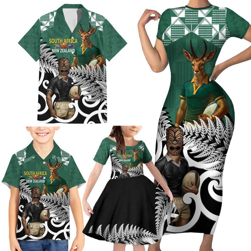 New Zealand South Africa Rugby Custom Family Matching Short Sleeve Bodycon Dress and Hawaiian Shirt Springboks Kente All Black Maori Together - Aussie Hoodie