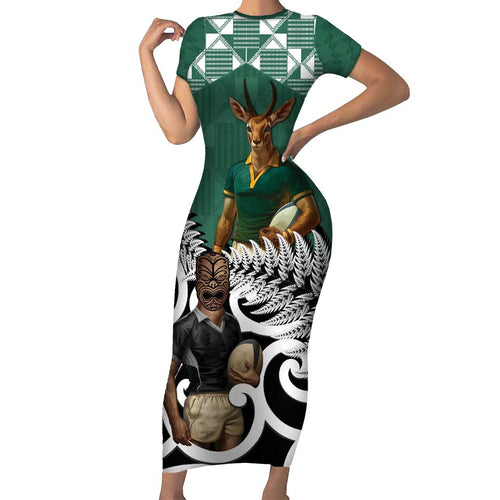 New Zealand South Africa Rugby Custom Family Matching Short Sleeve Bodycon Dress and Hawaiian Shirt Springboks Kente All Black Maori Together - Aussie Hoodie