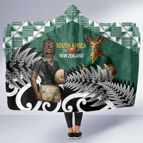 New Zealand South Africa Rugby Hooded Blanket Springboks Kente All Black Maori Together - Aussie Hoodie