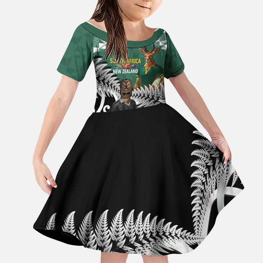 New Zealand South Africa Rugby Custom Kid Short Sleeve Dress Springboks Kente All Black Maori Together - Aussie Hoodie