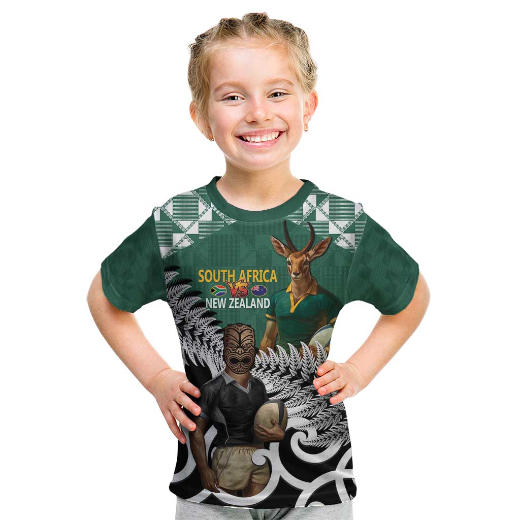 New Zealand South Africa Rugby Custom Kid T Shirt Springboks Kente All Black Maori Together - Aussie Hoodie