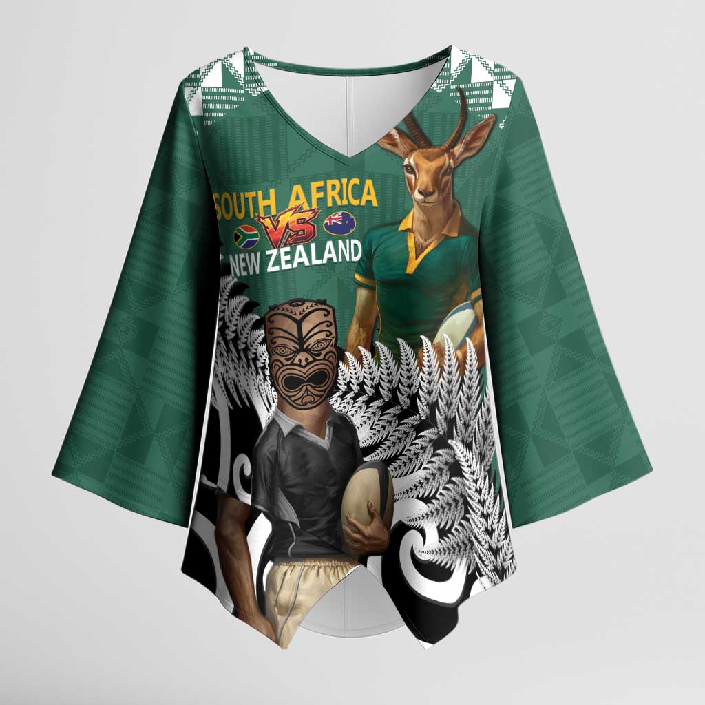 New Zealand South Africa Rugby Custom Kimono Sleeve Blouse Springboks Kente All Black Maori Together - Aussie Hoodie