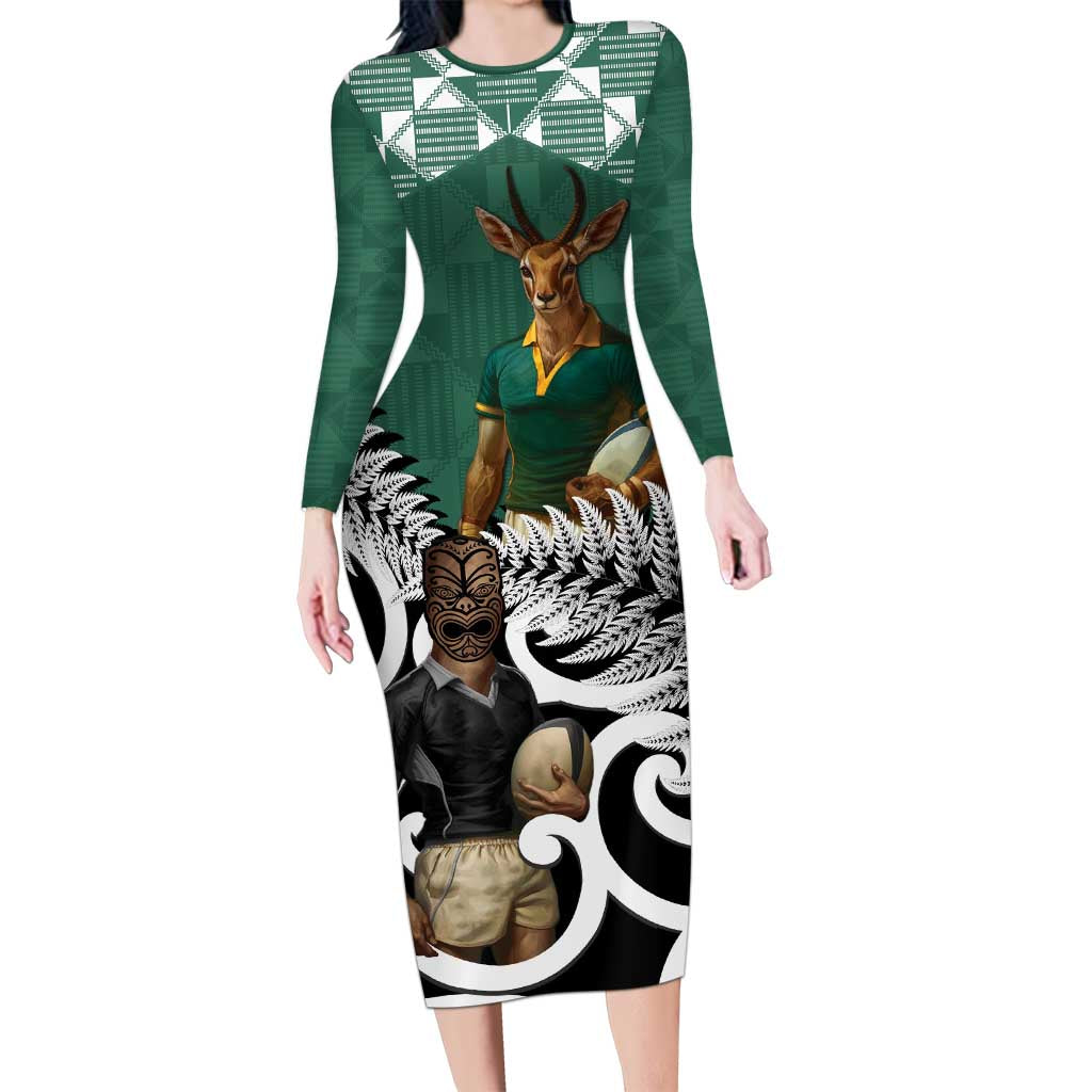 New Zealand South Africa Rugby Custom Long Sleeve Bodycon Dress Springboks Kente All Black Maori Together - Aussie Hoodie