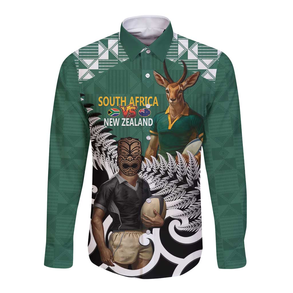 New Zealand South Africa Rugby Custom Long Sleeve Button Shirt Springboks Kente All Black Maori Together - Aussie Hoodie
