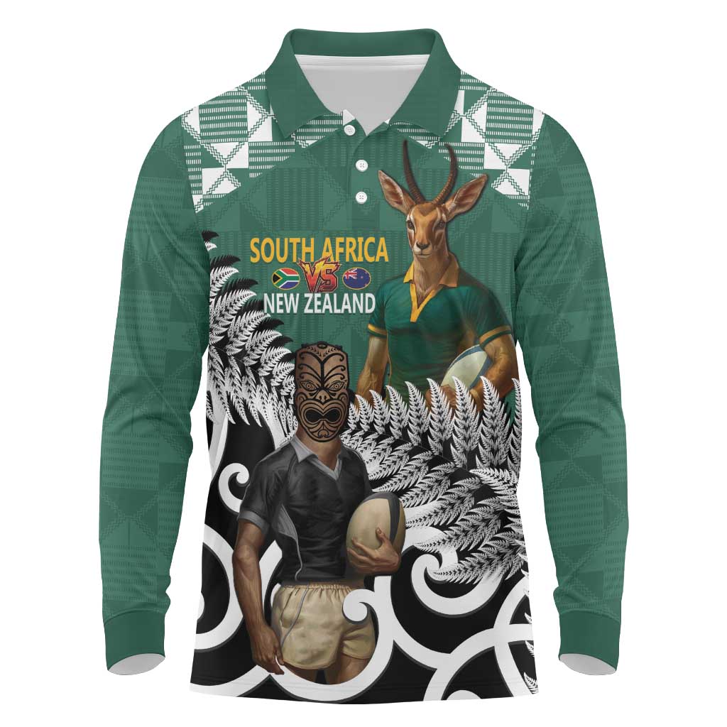 New Zealand South Africa Rugby Custom Long Sleeve Polo Shirt Springboks Kente All Black Maori Together - Aussie Hoodie