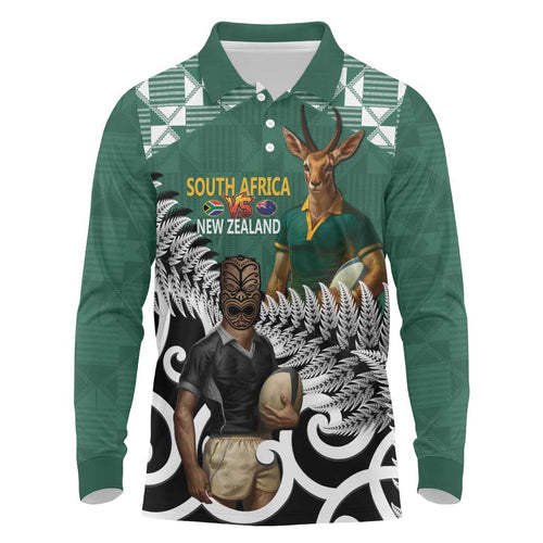 New Zealand South Africa Rugby Custom Long Sleeve Polo Shirt Springboks Kente All Black Maori Together - Aussie Hoodie