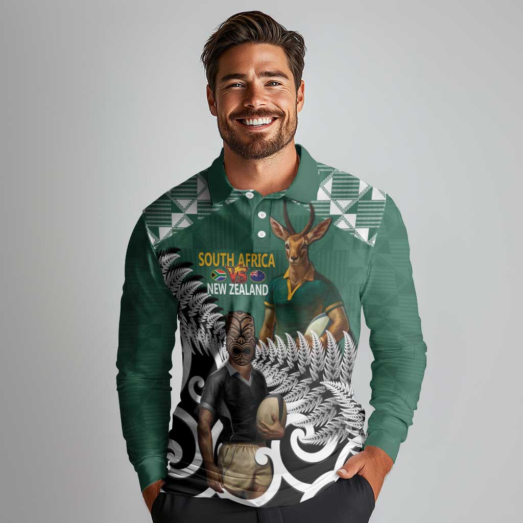 New Zealand South Africa Rugby Custom Long Sleeve Polo Shirt Springboks Kente All Black Maori Together - Aussie Hoodie