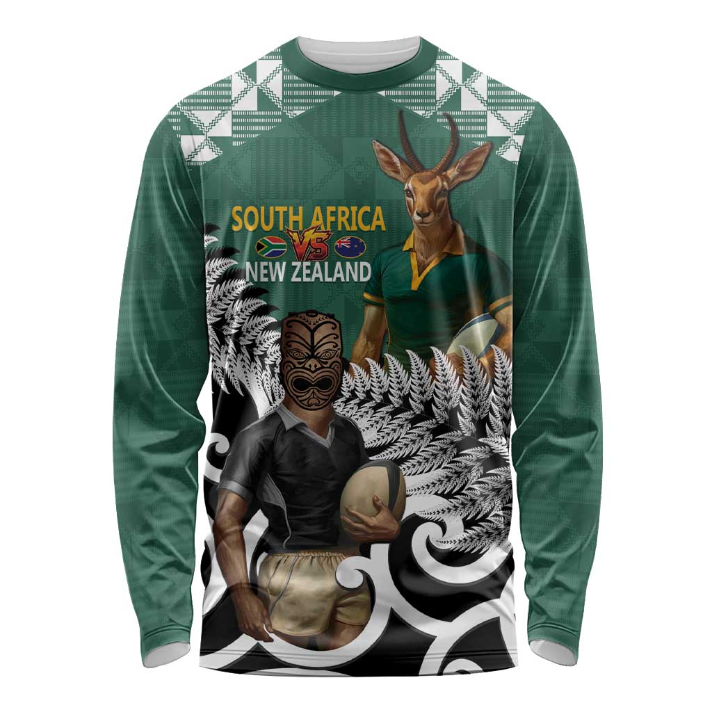 New Zealand South Africa Rugby Custom Long Sleeve Shirt Springboks Kente All Black Maori Together - Aussie Hoodie