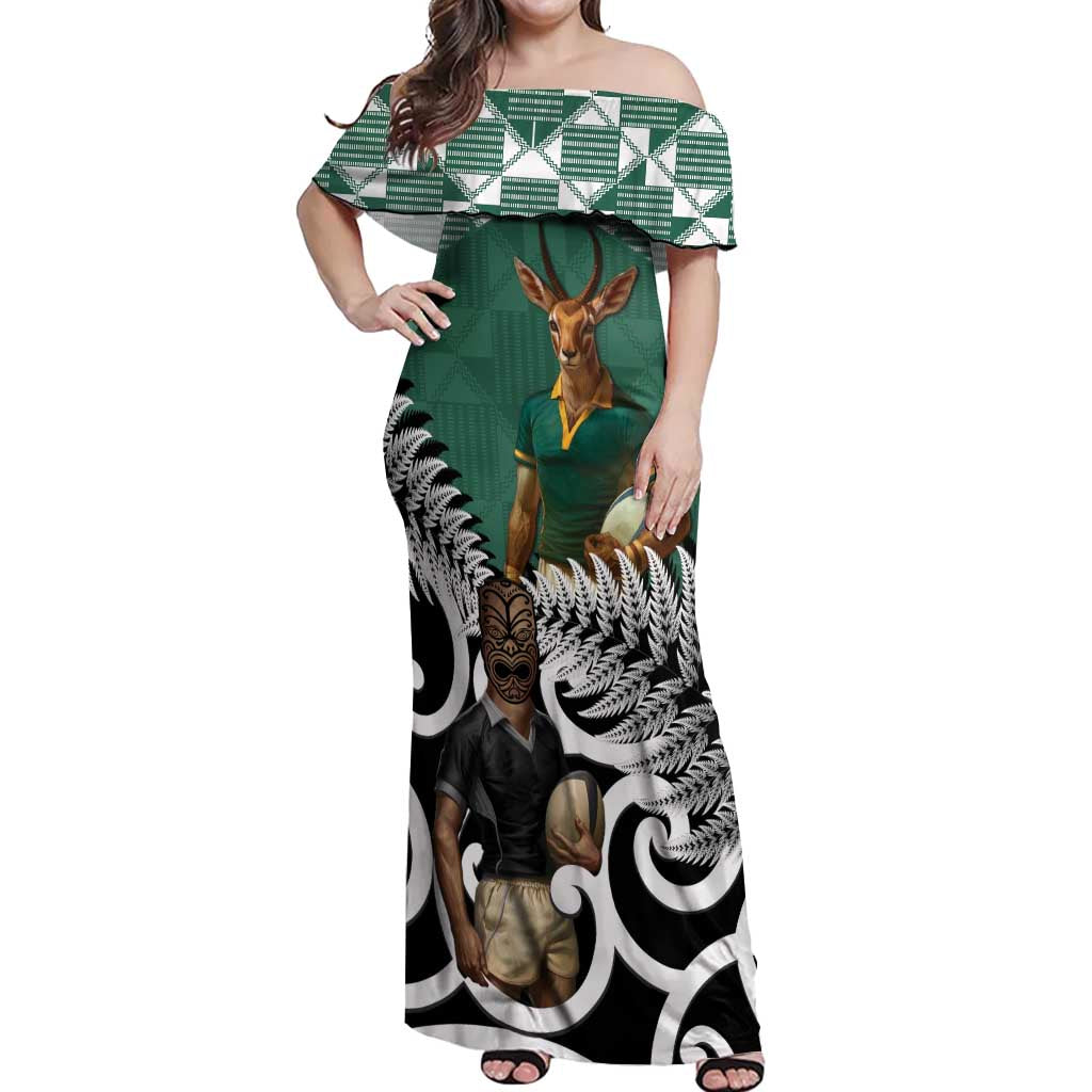 New Zealand South Africa Rugby Custom Off Shoulder Maxi Dress Springboks Kente All Black Maori Together - Aussie Hoodie