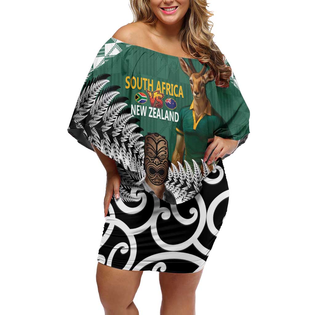 New Zealand South Africa Rugby Custom Off Shoulder Short Dress Springboks Kente All Black Maori Together - Aussie Hoodie