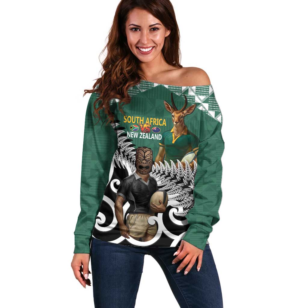 New Zealand South Africa Rugby Custom Off Shoulder Sweater Springboks Kente All Black Maori Together - Aussie Hoodie