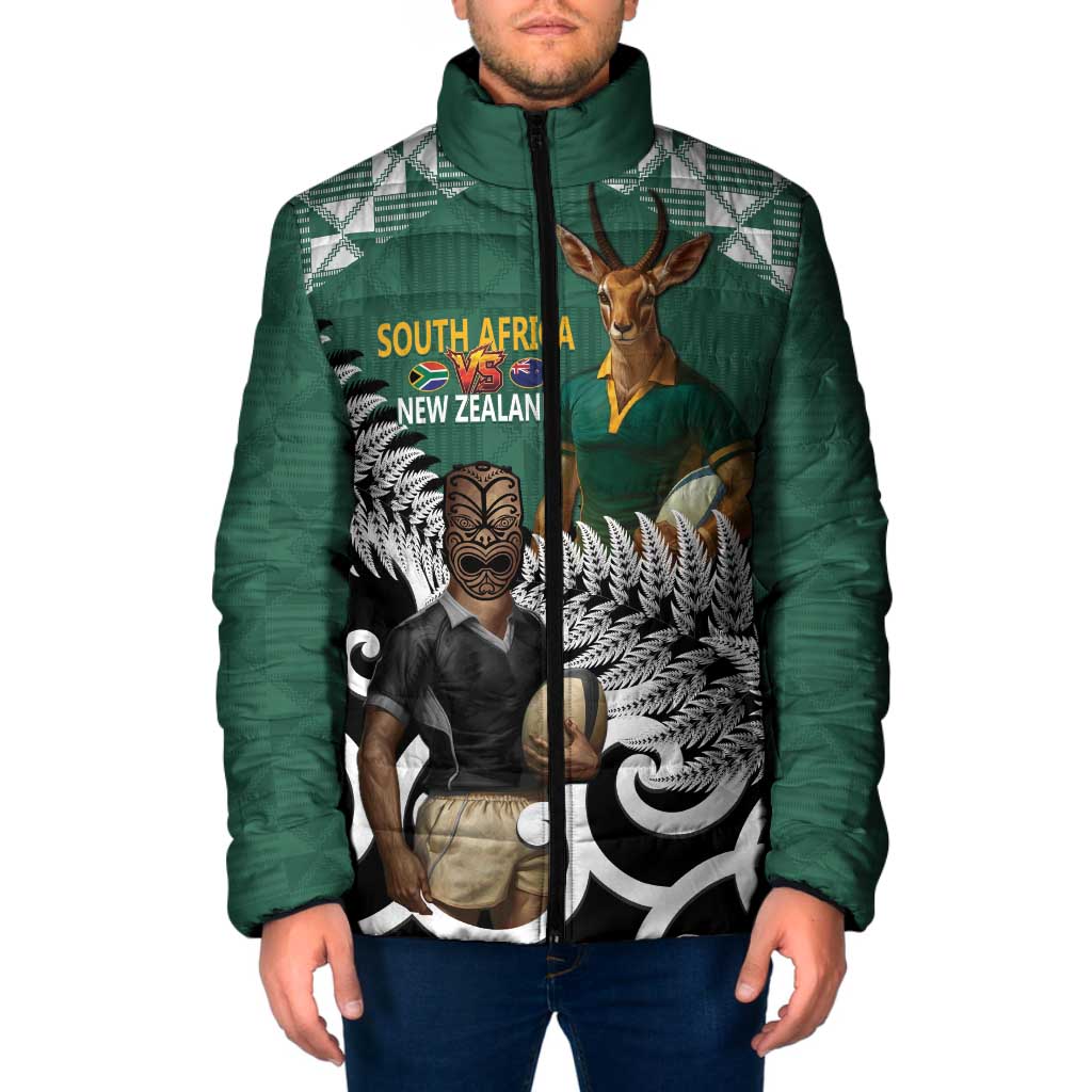 New Zealand South Africa Rugby Custom Padded Jacket Springboks Kente All Black Maori Together - Aussie Hoodie