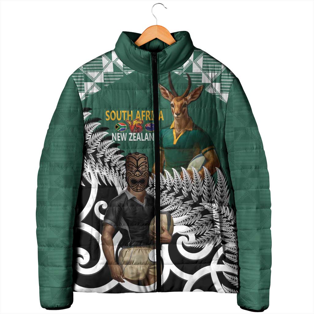 New Zealand South Africa Rugby Custom Padded Jacket Springboks Kente All Black Maori Together - Aussie Hoodie